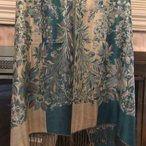 Turquoise & Tan Floral Festival Pashmina